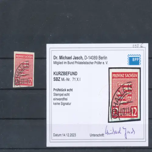  SBZ., Provinz sachsen Mi.-Nr. 71 X mit PF. I, gestempelt, KB. Dr. JaschBPP.