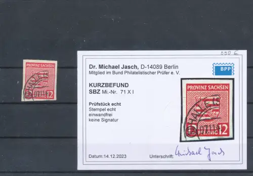  SBZ., Provinz sachsen Mi.-Nr. 71 X mit PF. I, gestempelt, KB. Dr. JaschBPP.