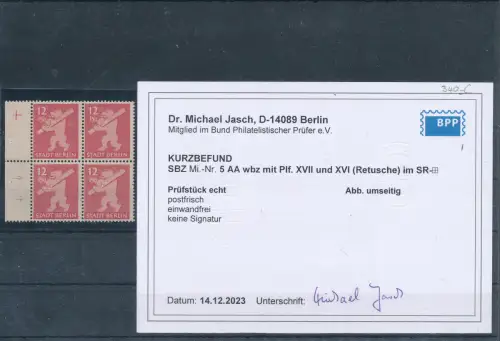  SBZ., 4 er Block Mi.-Nr. 5 AA wbz mit PF. XVII + XVI, post., KB. Dr. JaschBPP.