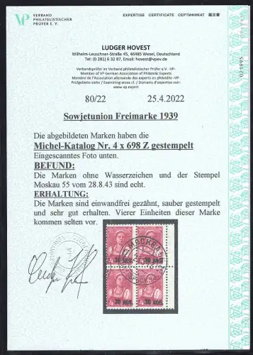 Sowjetunion, Vierer Block Mi.-Nr. 698 Z gestempelt, FA. Hovest.