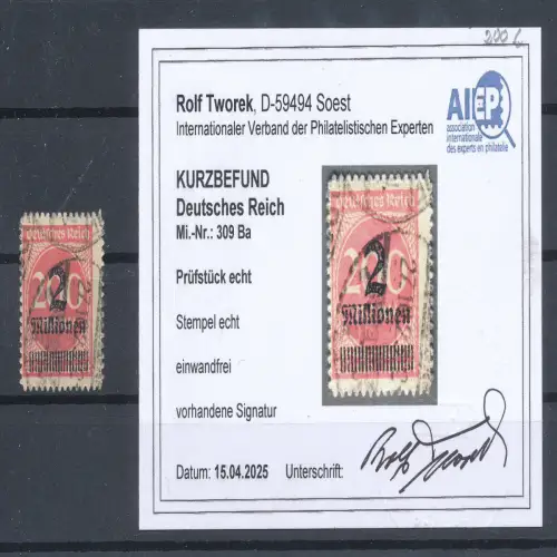 DR. Mi.-Nr. 309 Ba gestempelt, KB. TworekBPP