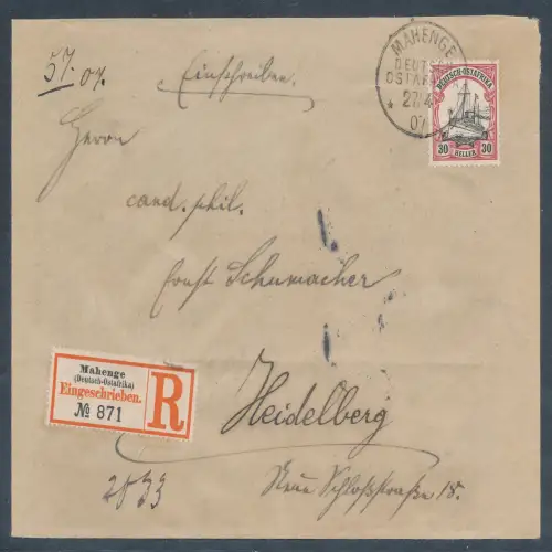 Dt. Kolonie, DOA., R-Fernbrief mit EF. Mi.-Nr. 27 von Mahenge gelaufen.