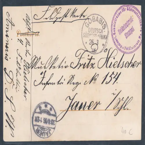 Dt. Kolonie, DSWA., Feldpostkarte aus Gobabis nach Jauer gelaufen.