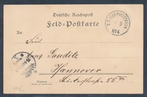 Dt. Post in China Feldpostkarte K.D.Feld-Poststation No. 4 nach Hannover.