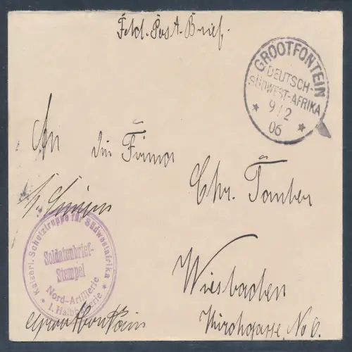 Dt. Kolonie, DSWA., Feldpostbrief aus Grootfontein nach Wiesbaden gelaufen.