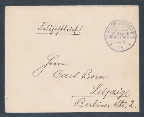 Dt. Kolonie, DSWA., Feldpostbrief aus Keetmanshoop nach Leipzig gelaufen.