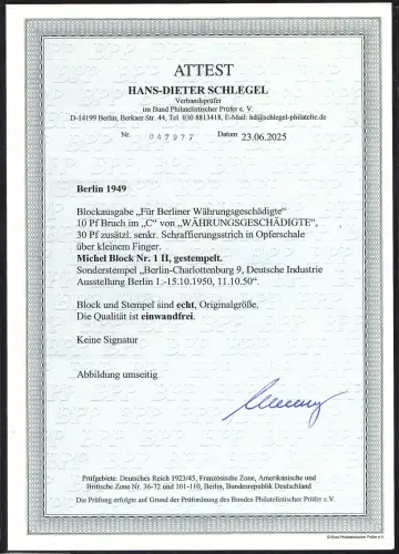 Berlin 1949, Blockausgabe, Mi-Nr. Block 1 PF. II, gest. FA SchlegelBPP..