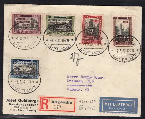Danzig, R-Luftpost Satz-Fern-Brief, mit Mi.-Nr: 231-235 /nur Vorderseite!!