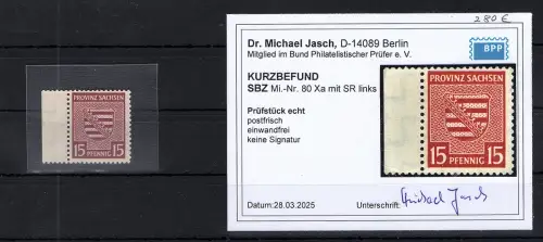 SBZ- Provinz Sachsen Mi.-Nr. 80 Xa mit SR. links postfrisch KB. Dr.JaschBPP.
