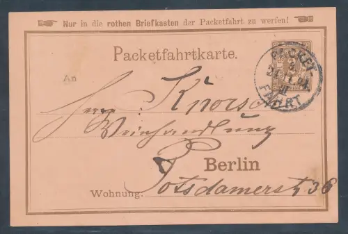 Privatpost, 2 Pf.  Braun Ganzsache-Karte Berliner Packetfahrt gelaufen