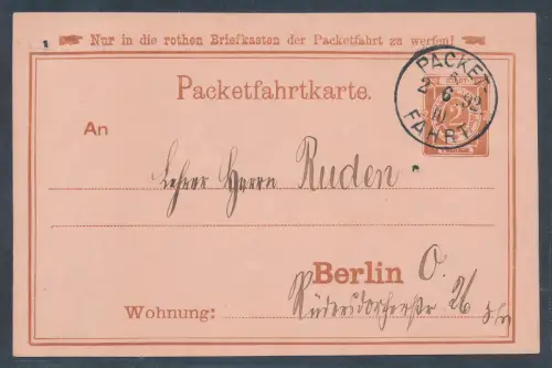 Privatpost, 2 Pf. Orange Ganzsache-Karte Berliner Packetfahrt gelaufen