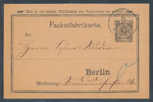 Privatpost, 2 Pf. Schwarzbraun Ganzsache-Karte Berliner Packetfahrt gelaufen.