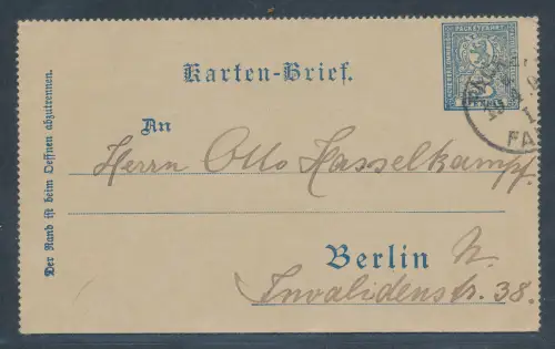 Privatpost, 3 Pf. Ganzsache-Karten-Brief Berliner Packetfahrt gelaufen.