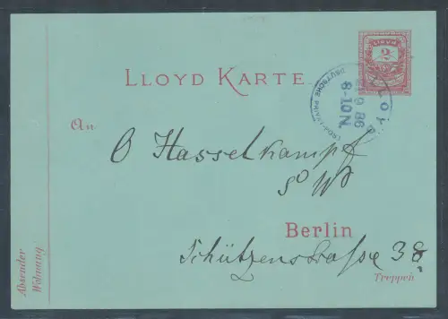 Privatpost, 2 Pf. Ganzsache-Karte Berliner Llyod gelaufen.