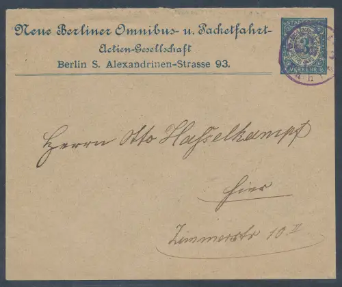 Privatpost, 3 Pf. Blau  Ganzsache-Brief Berliner Packetfahrt gelaufen.