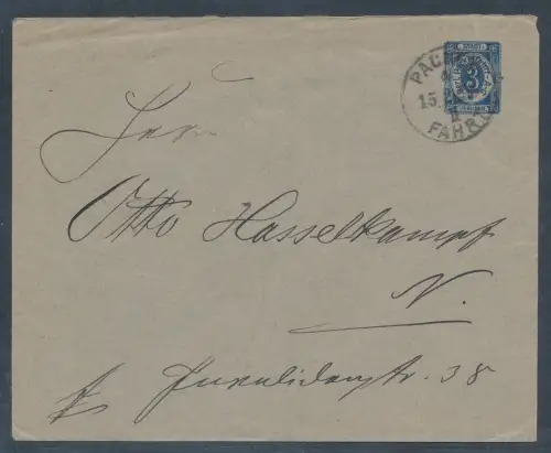 Privatpost, 3 Pf. Blau  Ganzsache-Brief Berliner Packetfahrt gelaufen.