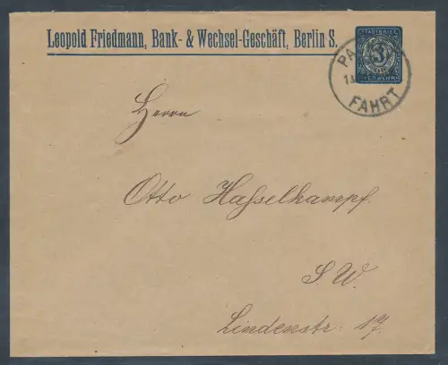 Privatpost, 3 Pf. Blau  Ganzsache-Brief Berliner Packetfahrt gelaufen.