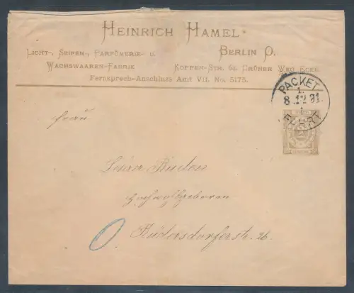 Privatpost, 2 Pf. Braun  Ganzsache-Brief Berliner Packetfahrt gelaufen.