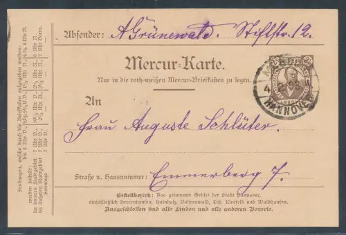 Privatpost, 2,5 Pf. Ganzsache-Karte Mercur Hannover gelaufen.