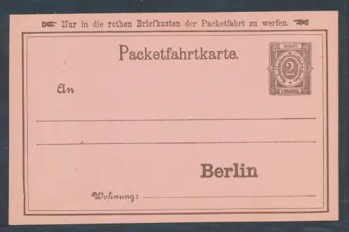 Privatpost, 2 Pf. Rotbraun Ganzsache-Kartef Berliner Packetfahrt ungebraucht.