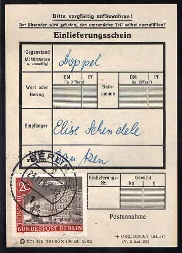 Berlin, EF. Mi.-Nr. 221 auf Einlieferungsschein.
