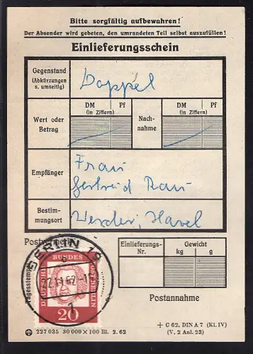 Berlin, EF. Mi.-Nr. 204  auf Einlieferungsschein.