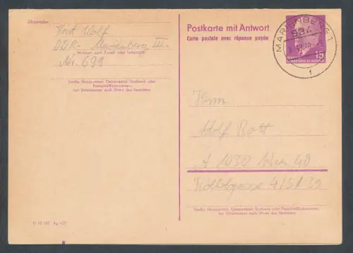 DDR., Ganzsache Mi.-Nr. P74 als Auslandkarte nach Wien gelaufen und Zurück.