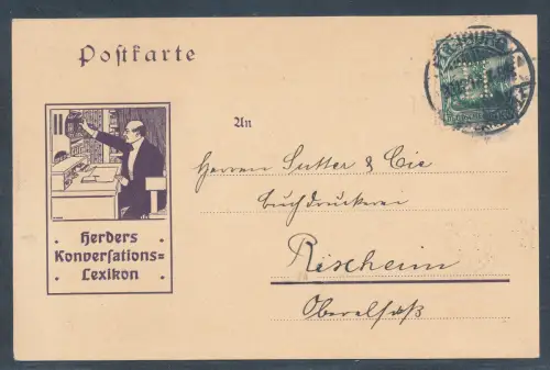 DR, Reklamekarte Herbers Konversations-Lexikon, Marke mit Perfin.
