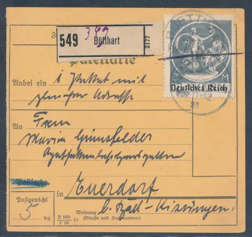 DR, EF. , Mi.-Nr. 134 auf Paketkarte.