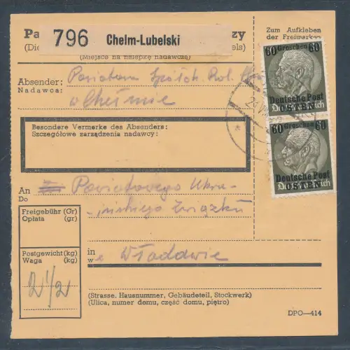 GG. Deutsche Post Osten Paketkarte mit Me.F. Mi.-Nr. 10.