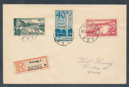 Danzig, R-Fen-Satz-Brief mit Mi.-Nr. 259-261, 259 in b.-Farbe, sign.TworekBPP.