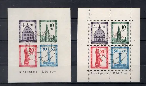 Fr.-Zone Baden Mi.-Nr. Block 1 A+B gestempelt, Ersttag. FA. SchlegelBPP.