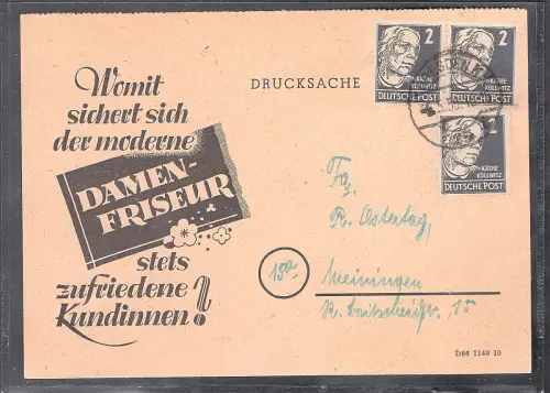 SBZ, Reklamekarte Damen-Friseur als Drucksache-Karte mit MeF.  Mi.-Nr. 212