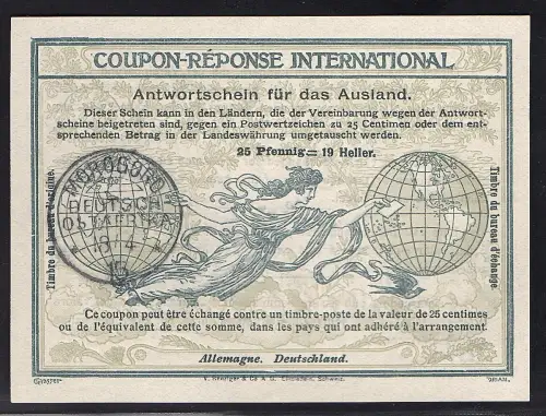 Dt. Kolonie, DOA.,  Internationaler Antwortschein 1915, Reply Coupon Reponse.