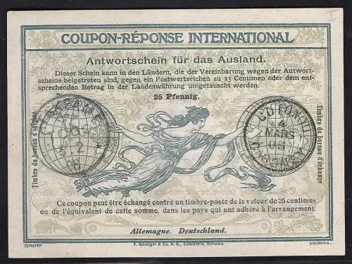 Dt. Kolonie, Togo.,  Internationaler Antwortschein 1908, Reply Coupon Reponse.
