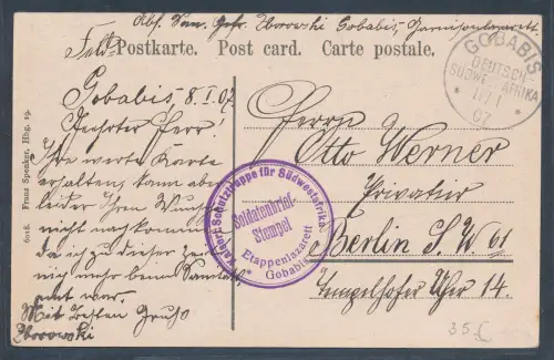Dt. Kolonie, DSWA., Feldpostkarte aus Gobabis nach Berlin gelaufen.