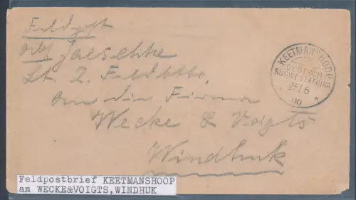 Dt. Kolonie, DSWA., Feldpostbrief aus Keetmanshoop nach Windhuk gelaufen