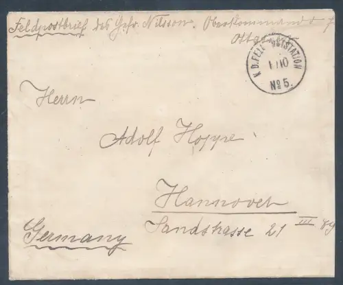 Dt. Post in China Feldpostbrief K.D.Feld-Poststation No. 4 nach Hannover.