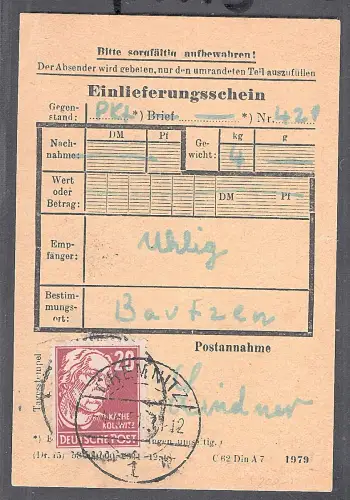 SBZ. EF.  Mi.-Nr.  219 auf Einlieferungsschein