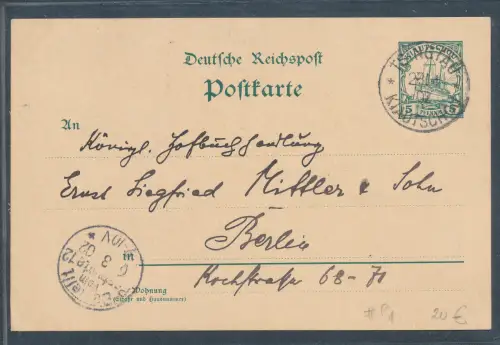 Kiautschou Ganzsache Mi.-Nr. P 1 nach Berlin gelaufen.