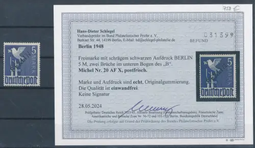 Berlin Mi.-Nr. 20 mit Aufdruckfehler X, postfrisch, Befund Schlegel.