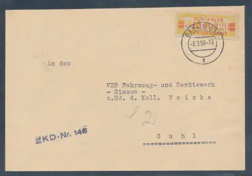 DDR.ZKD-Brief, EF. Mi.-Nr.  Dienst-19 I L