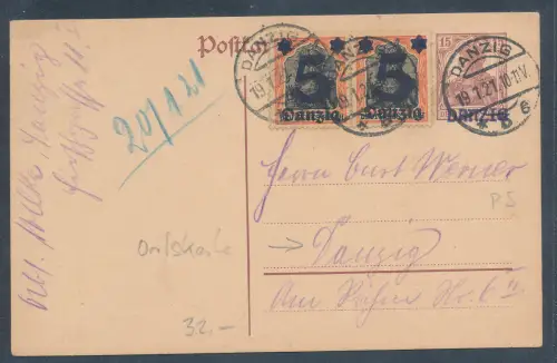 Danzig, Ganzsache Mi.-Nr. P 5 u.a. als Ortskarte gelaufen.