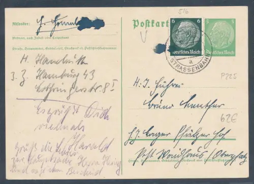 DR. Hindenburg Ganzsache mit Hamburger Strassenbahn gelaufen, portorichtig.