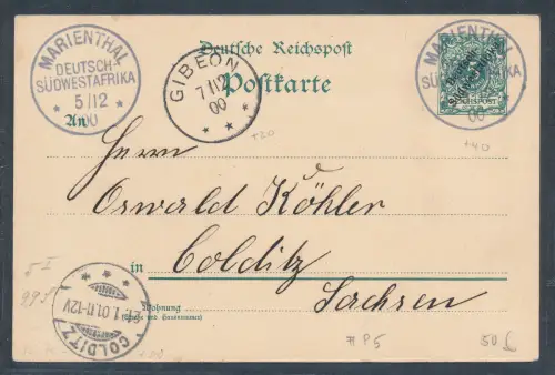 DSWA. Ganzsache Mi.-Nr. P 5 gelaufen von  Marienthal über Gibeon nach Colditz.
