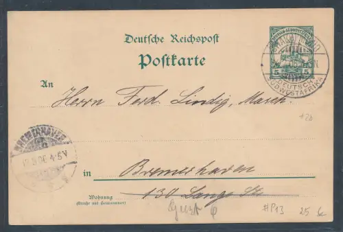 DSWA. Ganzsache Mi.-Nr. P 13 von Swakopmund nach Bremerhaven gelaufen. 