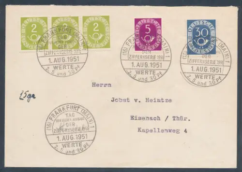 Bund Mi.-Nr. 123 (3),125,132 auf Fernbrief mit Ersttagabstempelungen/FDC.