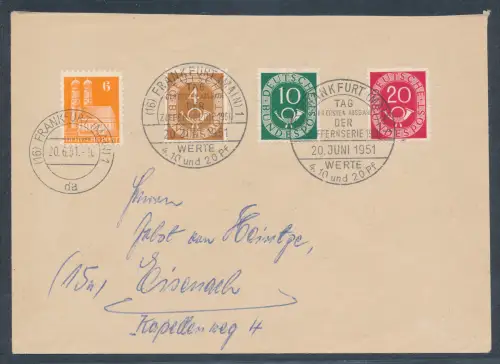 Bund  Mi.-Nr. 124 + 128 + 130 auf Fernbrief mit Ersttagabstempelungen/FDC.