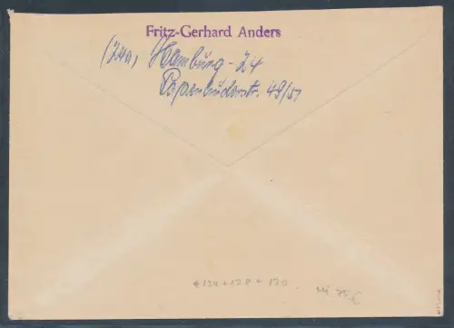 Bund  Mi.-Nr. 124 + 128 + 130 auf Fernbrief mit Ersttagabstempelungen/FDC.