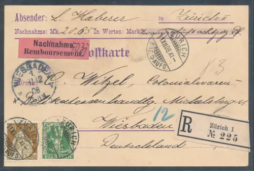 Schweiz R.-NN.-Karte von Zürich nach Wiesbaden gelaufen.